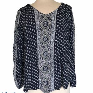 Lucky Brand Navy Blue Print Peasant Soft Pullover Blouse V Neck Shirt Large